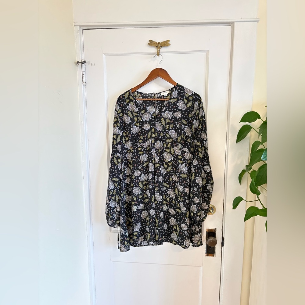 Umgee Sheer Black Floral Fairy Cottage Relaxed Tunic Dress Whimsigoth Large